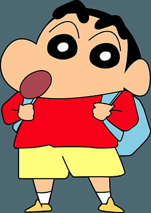 Crayon Shin-chan Cartoon Character in Red Shirt and Yellow Shorts with Blue Backpack HD phone wallpaper