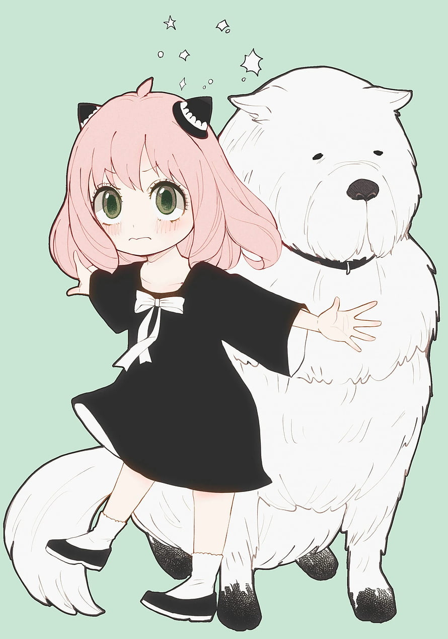 Anya Forger from Spy x Family in a black dress with a fluffy white dog on a mint green background HD phone wallpaper