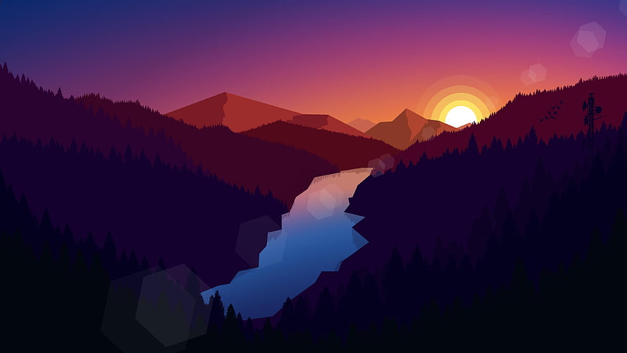 Minimalist Vector Landscape of a Winding River Through Dark Forest at Sunset HD wallpaper