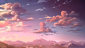 90s Anime Aesthetic Skyline with Pink Clouds and Distant Mountains HD wallpaper