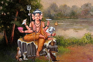 Dattatreya Tri-murti Deity Painting with Dogs and Sacred Symbols HD wallpaper