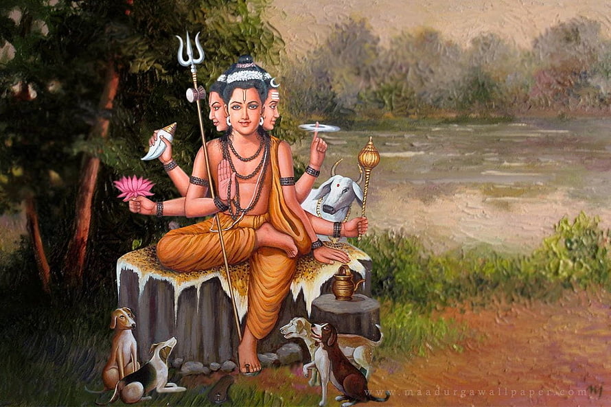 Dattatreya Tri-murti Deity Painting with Dogs and Sacred Symbols HD wallpaper