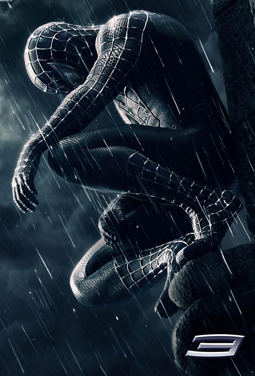 Black Spider-Man Crouching in Heavy Rain on a Rooftop Edge HD phone wallpaper