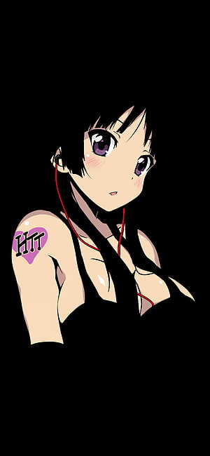 Anime Girl With Earphones And Heart Tattoo On Black Background HD phone wallpaper