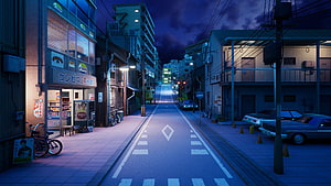 Tokyo Night Street Scene with Convenience Store and Parked Cars in Anime Style HD wallpaper