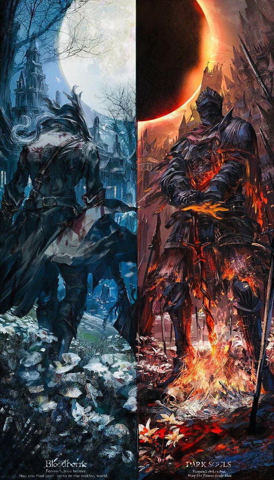 Bloodborne and Dark Souls Fantasy Artwork Featuring Two Armored Warriors in Contrasting Moonlit and Fiery Settings HD phone wallpaper
