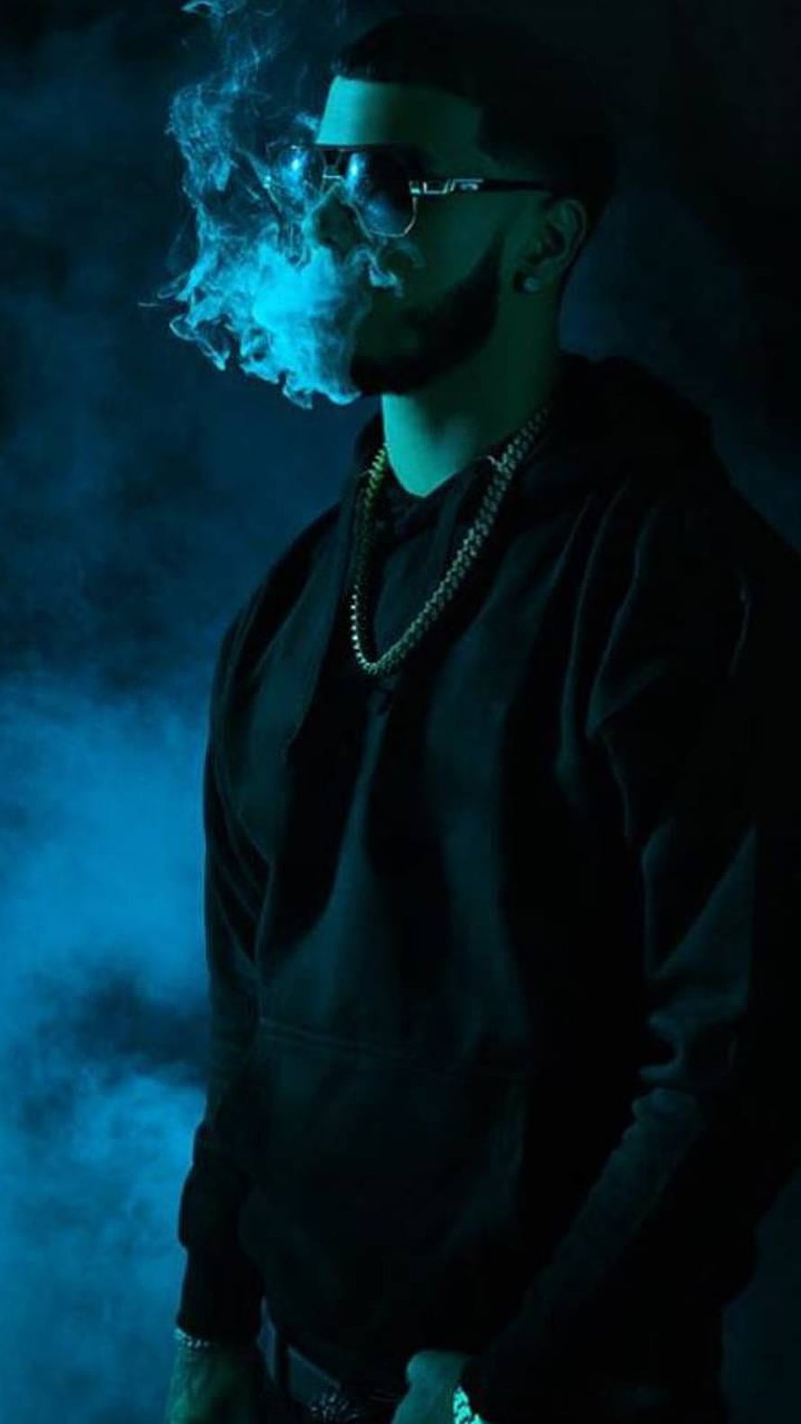 Anuel AA in Dark Blue Smoke with Sunglasses and Gold Chain HD phone wallpaper