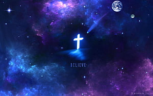 Glowing Christian Cross in Cosmic Nebula with Earth and Stars HD wallpaper