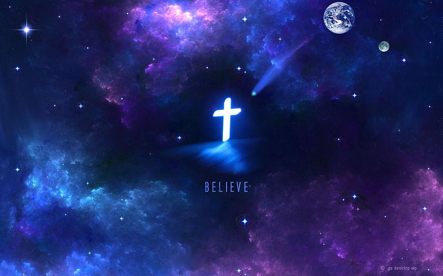 Glowing Christian Cross in Cosmic Nebula with Earth and Stars HD wallpaper