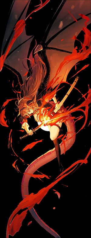 Kiryu Coco Dragon Girl Wielding Katana in Fiery Red Anime Illustration HD phone wallpaper
