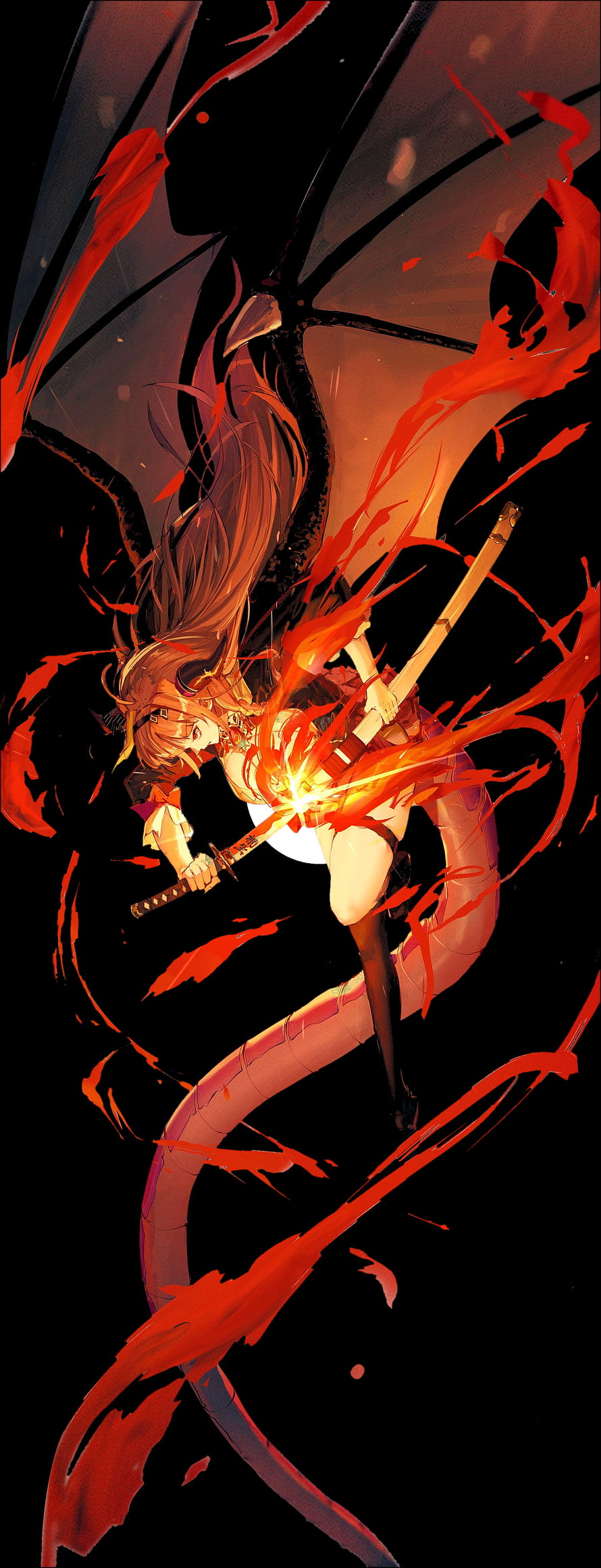 Kiryu Coco Dragon Girl Wielding Katana in Fiery Red Anime Illustration HD phone wallpaper