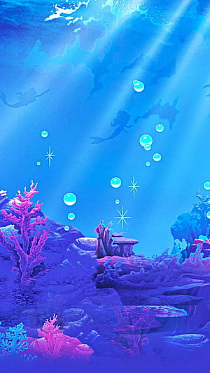 The Little Mermaid Underwater Scene with Coral Reef and Bubbles HD phone wallpaper