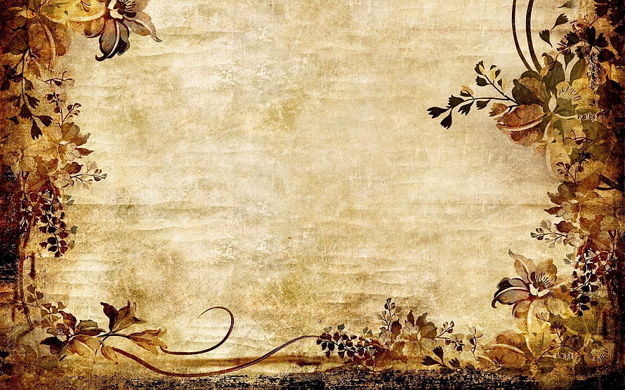 Antique Floral Border on Aged Parchment Texture with Sepia Tones and Vintage Botanical Illustrations HD wallpaper