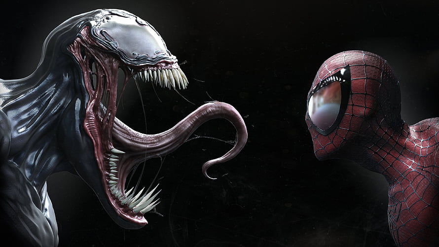 Venom and Spider-Man Face Off in Dramatic Confrontation HD wallpaper