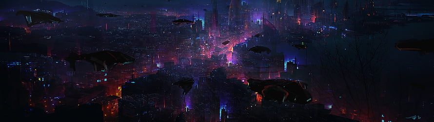 Neon-lit Cyberpunk Cityscape with Flying Vehicles at Night HD wallpaper