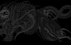 Dark Japanese Dragon Tattoo Design with Yin Yang Symbol on Black Background HD wallpaper