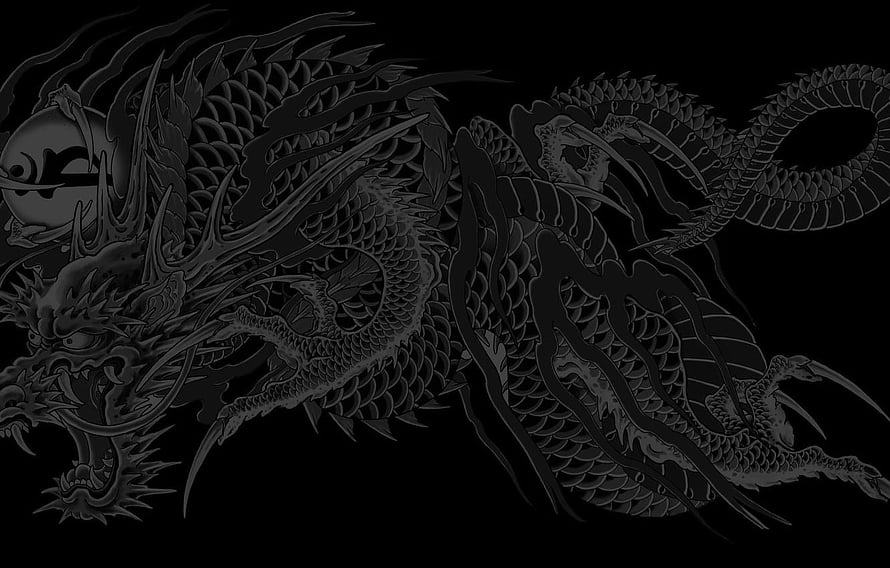 Dark Japanese Dragon Tattoo Design with Yin Yang Symbol on Black Background HD wallpaper