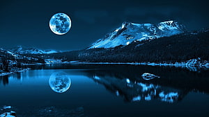 Full Moon Over Snow-Capped Mountain Lake at Night with Perfect Reflection HD wallpaper