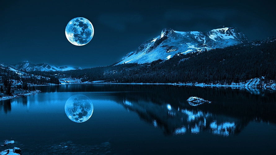 Full Moon Over Snow-Capped Mountain Lake at Night with Perfect Reflection HD wallpaper