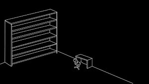 Minimalist isometric office room with bookshelf and desk in white line art on black background HD wallpaper