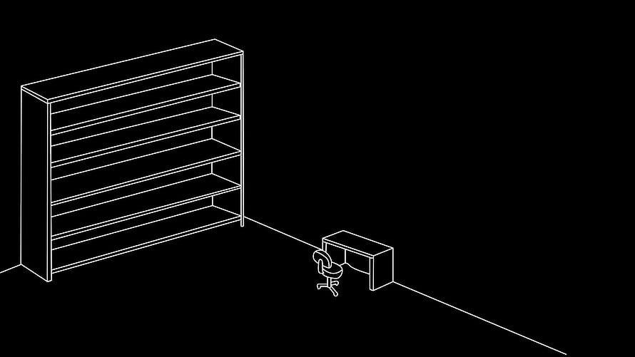 Minimalist isometric office room with bookshelf and desk in white line art on black background HD wallpaper