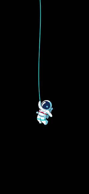 Cute Cartoon Astronaut Floating on a Cyan Tether Against a Pure Black Background HD phone wallpaper