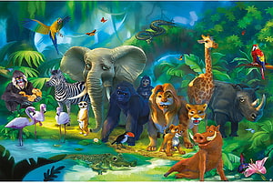 Colorful Jungle Animal Group Illustration Featuring Lion Elephant Giraffe and Gorilla in Rainforest HD wallpaper