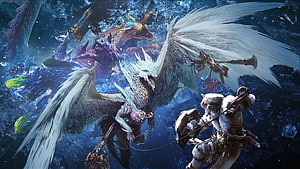 Monster Hunter World Iceborne Key Art Featuring White Dragon and Hunter in Icy Battle HD wallpaper