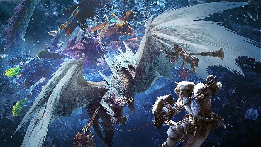 Monster Hunter World Iceborne Key Art Featuring White Dragon and Hunter in Icy Battle HD wallpaper