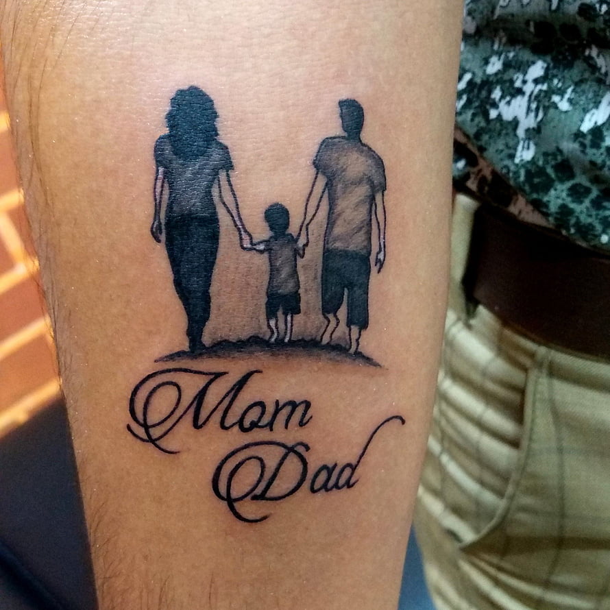 Family Silhouette Tattoo Design with Mom and Dad Script on Arm HD phone wallpaper