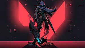 Omen from Valorant in a dark cyberpunk setting with glowing red geometric shapes and digital glitch effects HD wallpaper
