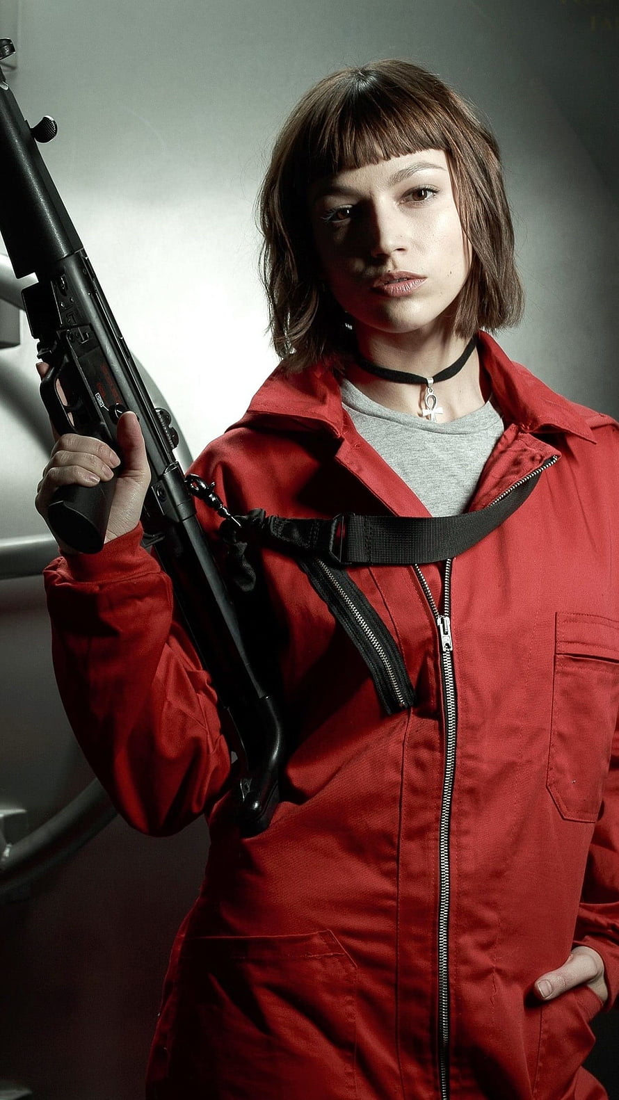 Ursula Corbero as Tokyo in Money Heist Holding Shotgun in Red Jumpsuit HD phone wallpaper