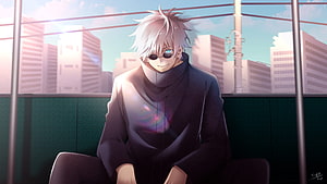 Satoru Gojo Anime Character Sitting on Rooftop with City Skyline and Sunglasses HD wallpaper