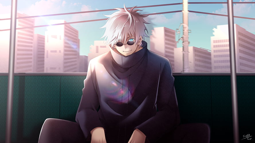 Satoru Gojo Anime Character Sitting on Rooftop with City Skyline and Sunglasses HD wallpaper