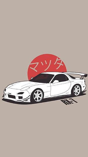 Mazda RX-7 FD3S Line Art Illustration with Japanese Red Sun Graphic HD phone wallpaper
