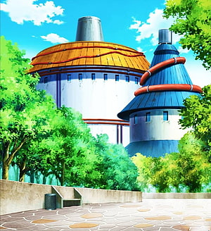 Konoha Village Architecture in Naruto Anime with Colorful Roofs and Lush Greenery HD phone wallpaper