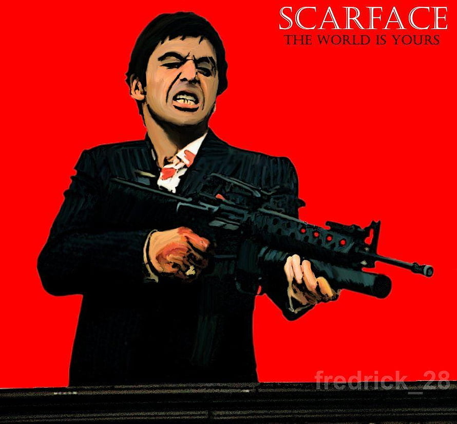 Tony Montana Scarface Movie Poster Artwork with Machine Gun on Red Background HD wallpaper