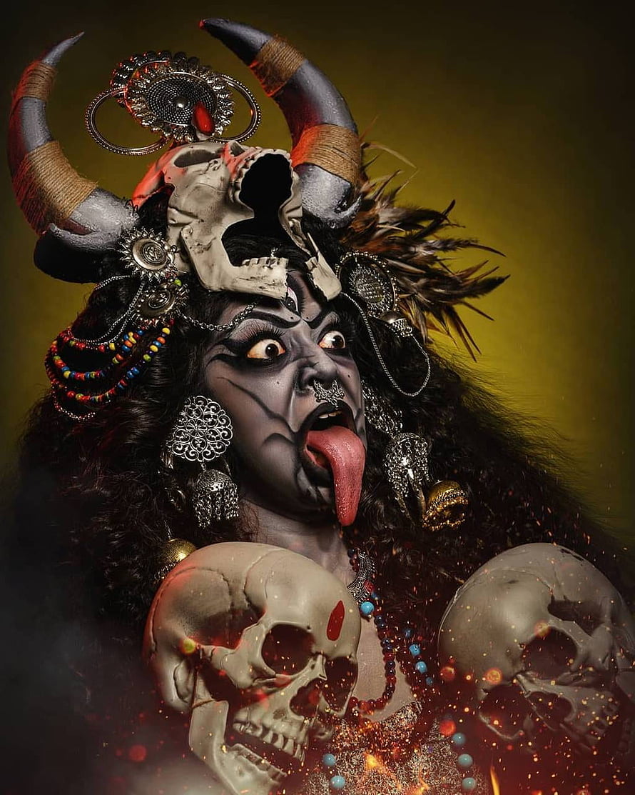 Maa Kali Demon Makeup Portrait With Skulls And Horns HD phone wallpaper