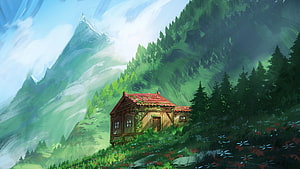 Cozy Wooden Cabin Nestled in Lush Green Mountain Valley with Wildflowers HD wallpaper