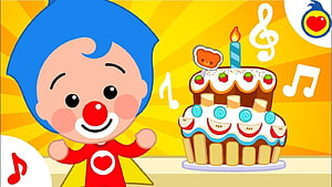 Plim Plim the Clown Celebrating a Birthday with a Two-Tier Cake and Music Notes HD wallpaper