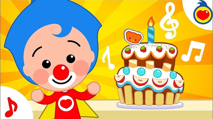 Plim Plim the Clown Celebrating a Birthday with a Two-Tier Cake and Music Notes HD wallpaper
