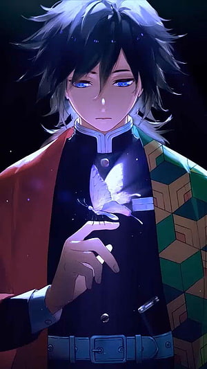 Giyu Tomioka from Demon Slayer Holding a Glowing Butterfly in Dark Setting HD phone wallpaper