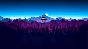 Illuminated Fire Watchtower in a Misty Pine Forest at Night with a Full Moon and Mountain Range HD wallpaper