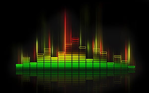 Neon Audio Spectrum Visualizer with Glowing Green and Red Bars on Black Background HD wallpaper