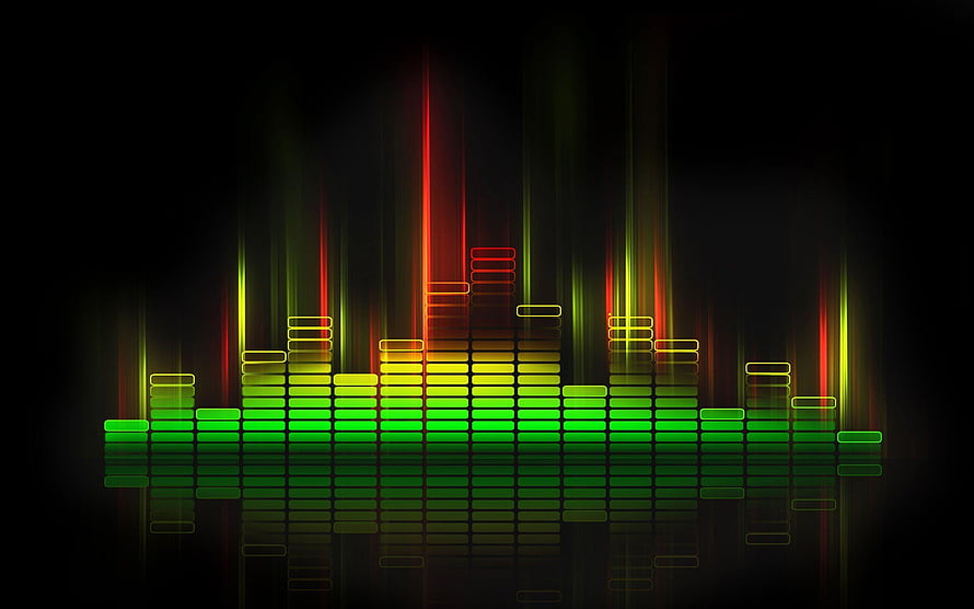Neon Audio Spectrum Visualizer with Glowing Green and Red Bars on Black Background HD wallpaper