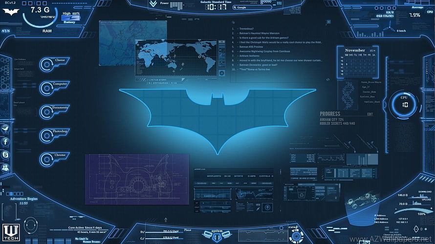 Batcomputer Interface with Wayne Enterprises Logo and Blue Holographic Dashboard HD wallpaper