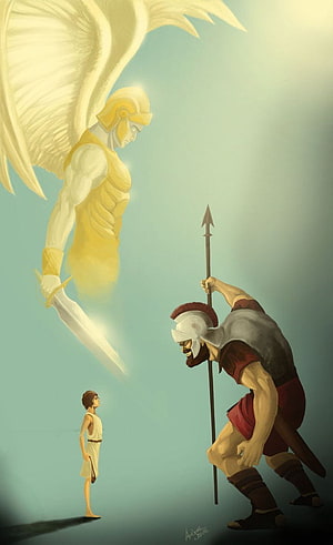 David and Goliath Confrontation with Angelic Guardian in Digital Art HD phone wallpaper