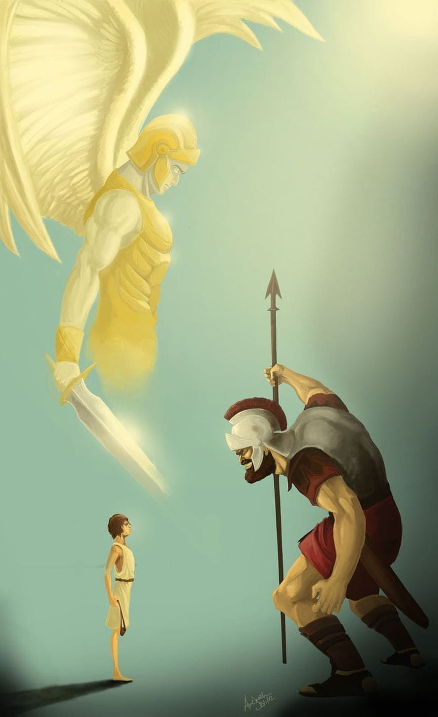 David and Goliath Confrontation with Angelic Guardian in Digital Art HD phone wallpaper