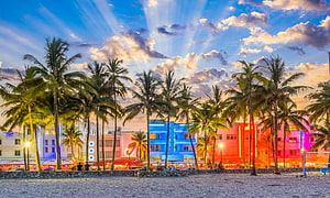 Miami Beach Ocean Drive at Dusk with Neon Art Deco Buildings and Palm Trees HD wallpaper