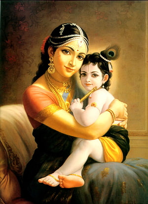 Yashoda and Baby Krishna in a Warm Classical Indian Painting HD phone wallpaper
